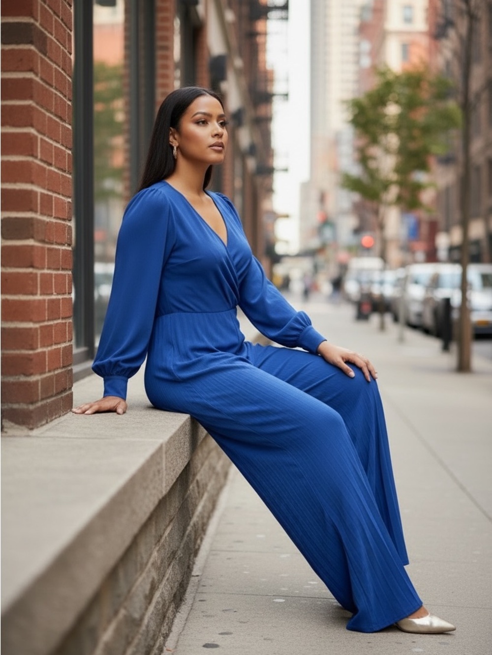 Ashley Stewart Cobalt Blue Pleated V-Neck Jumpsuit with Tie Waist